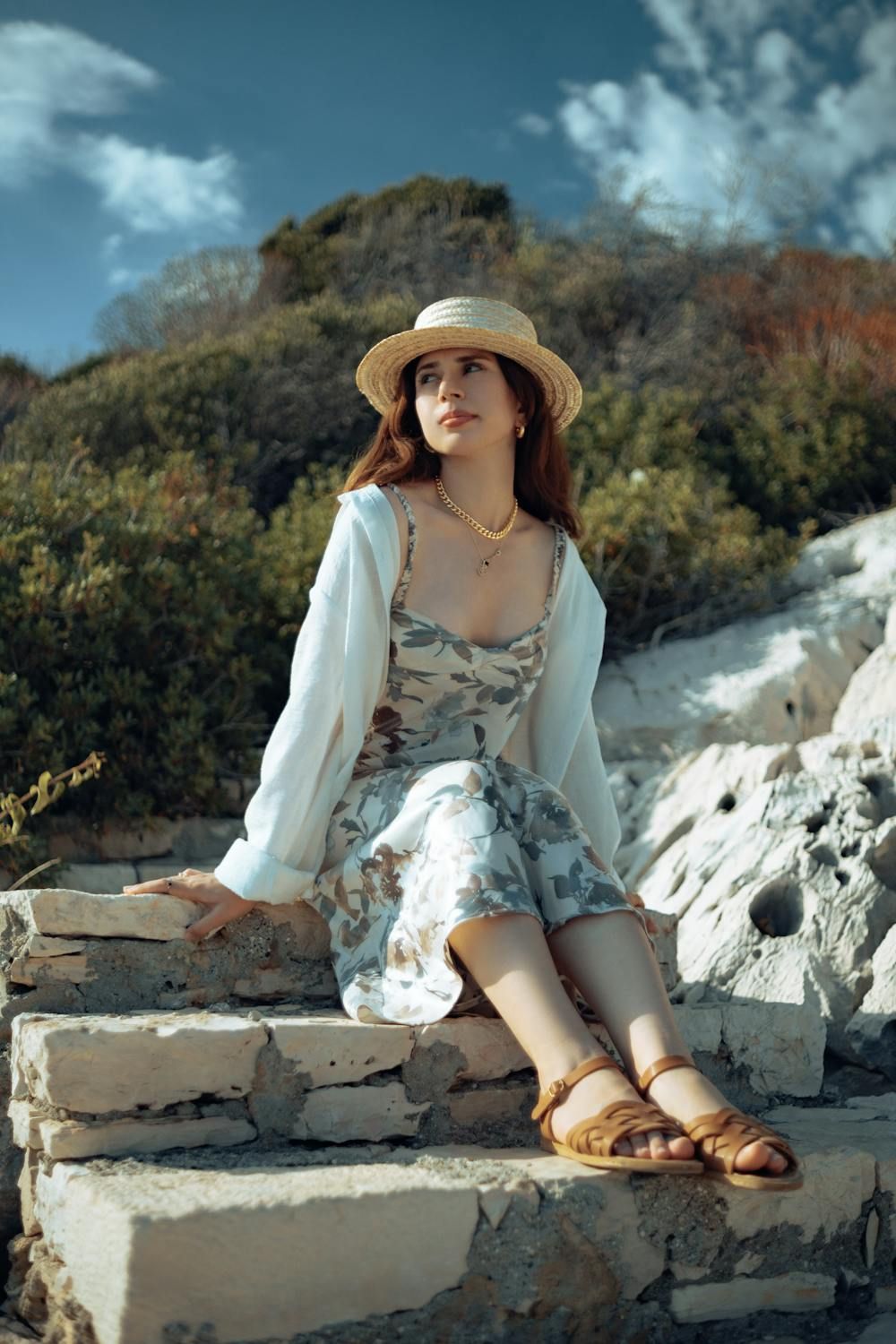 free-photo-of-brunette-woman-in-dress-and-shirt-sitting-on-stairs.jpeg