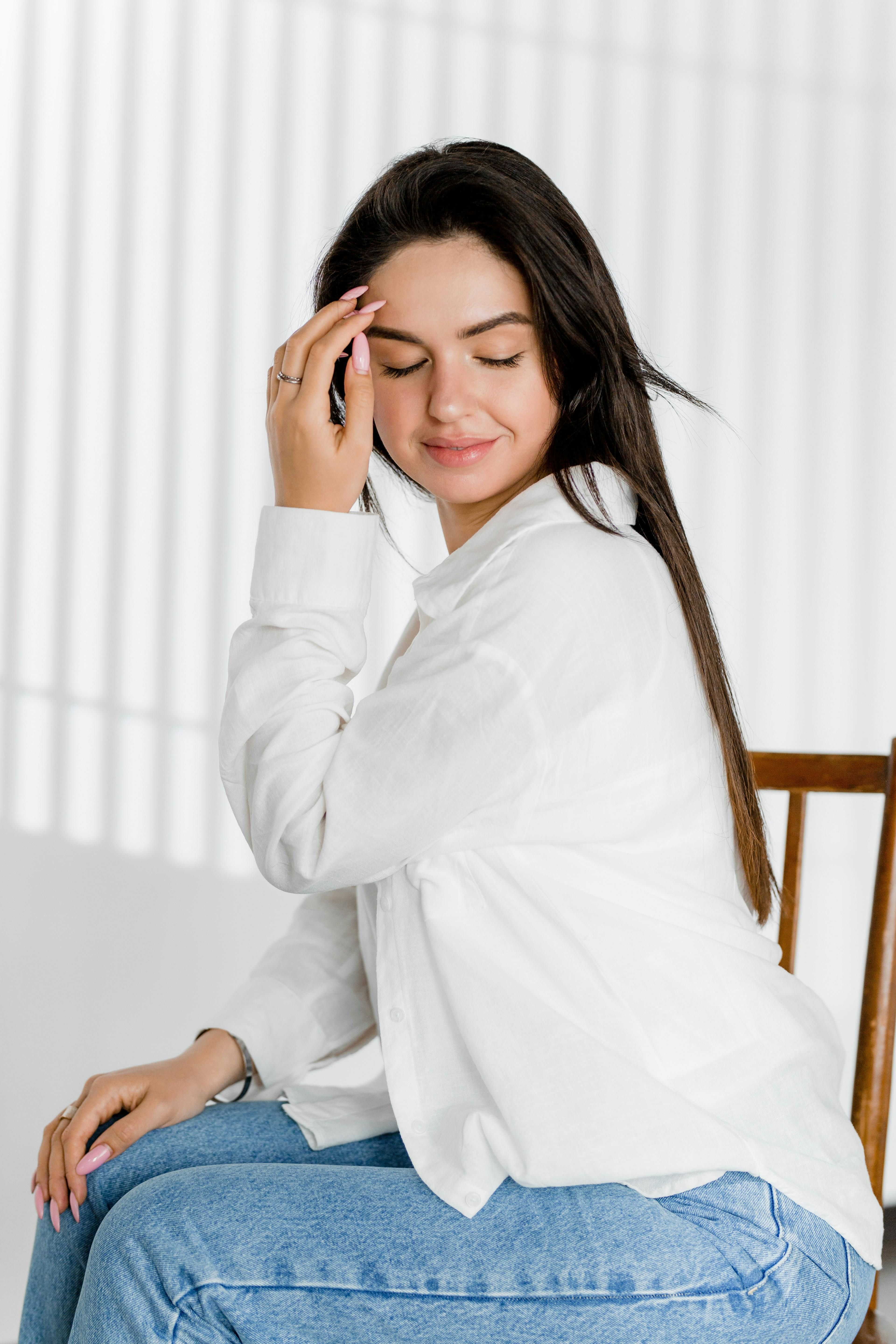 Lady on White shirt and denim pants